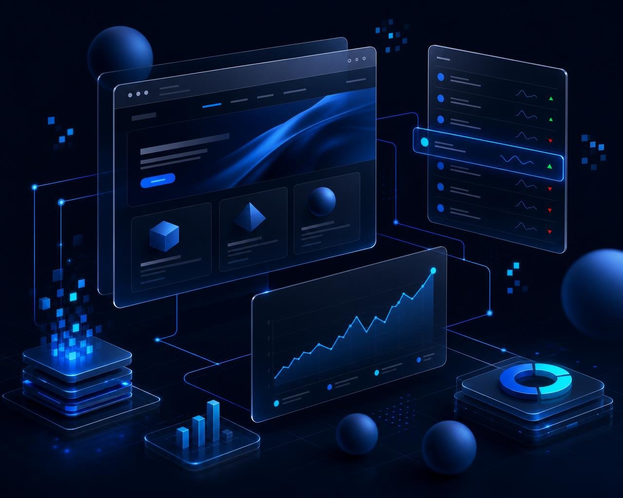 Abstract digital ecosystem showing a website interface, search ranking indicators and campaign performance charts connected together
